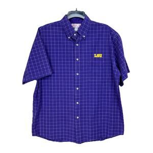 LSU Tigers Men's Short Sleeve Shirt Button Up Purple White Plaid Sz L